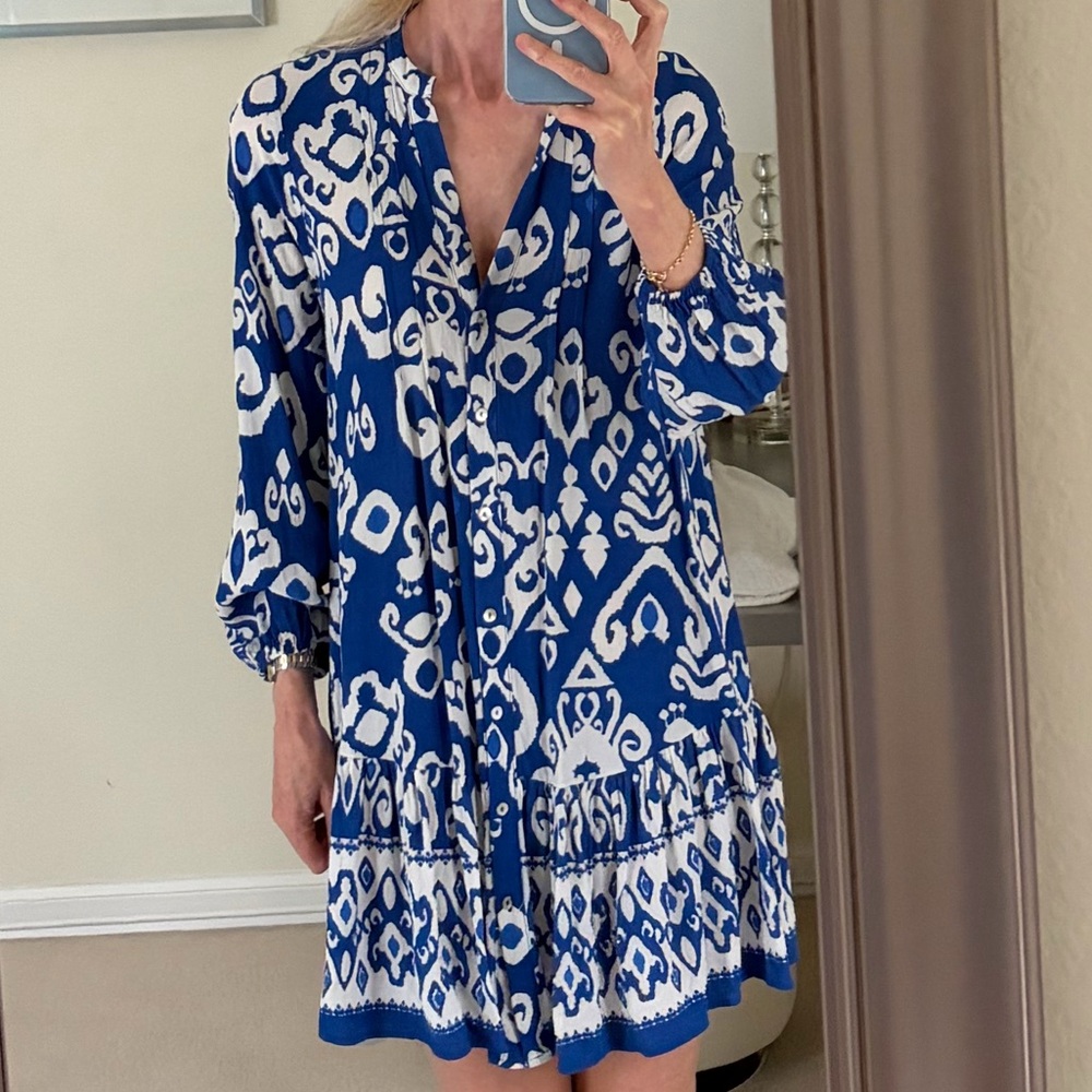 Zara Royal Blue and White Printed Dress